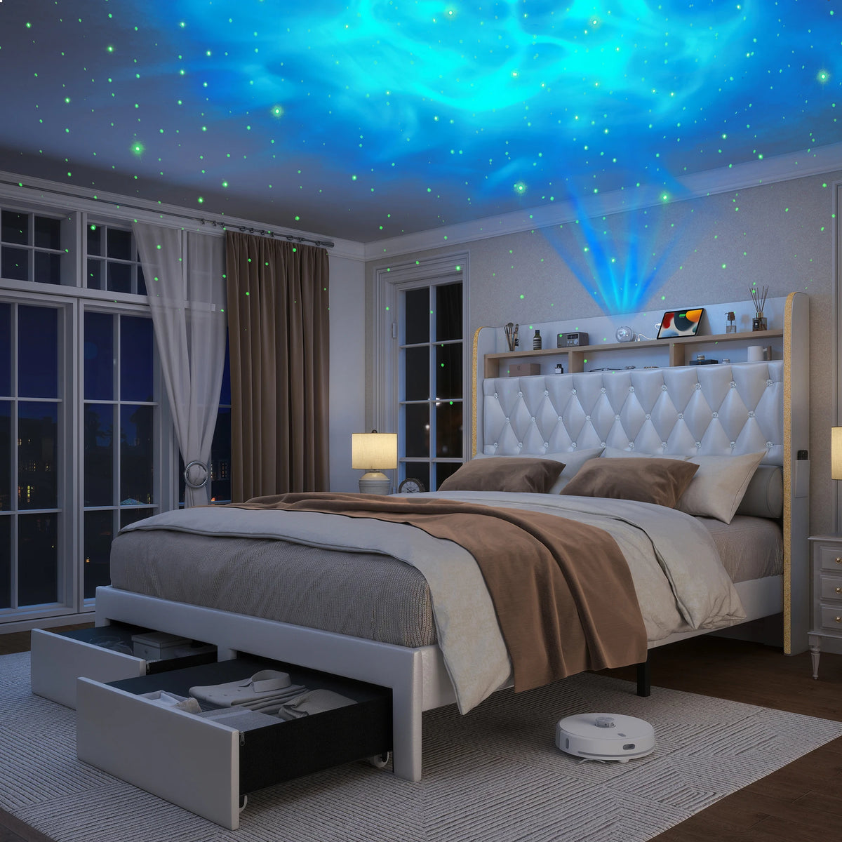 LED Bed Frame with Storage Drawers, Star Projector, Charging Station & Speaker, PU Leather/Velvet Platform, Noise-Free