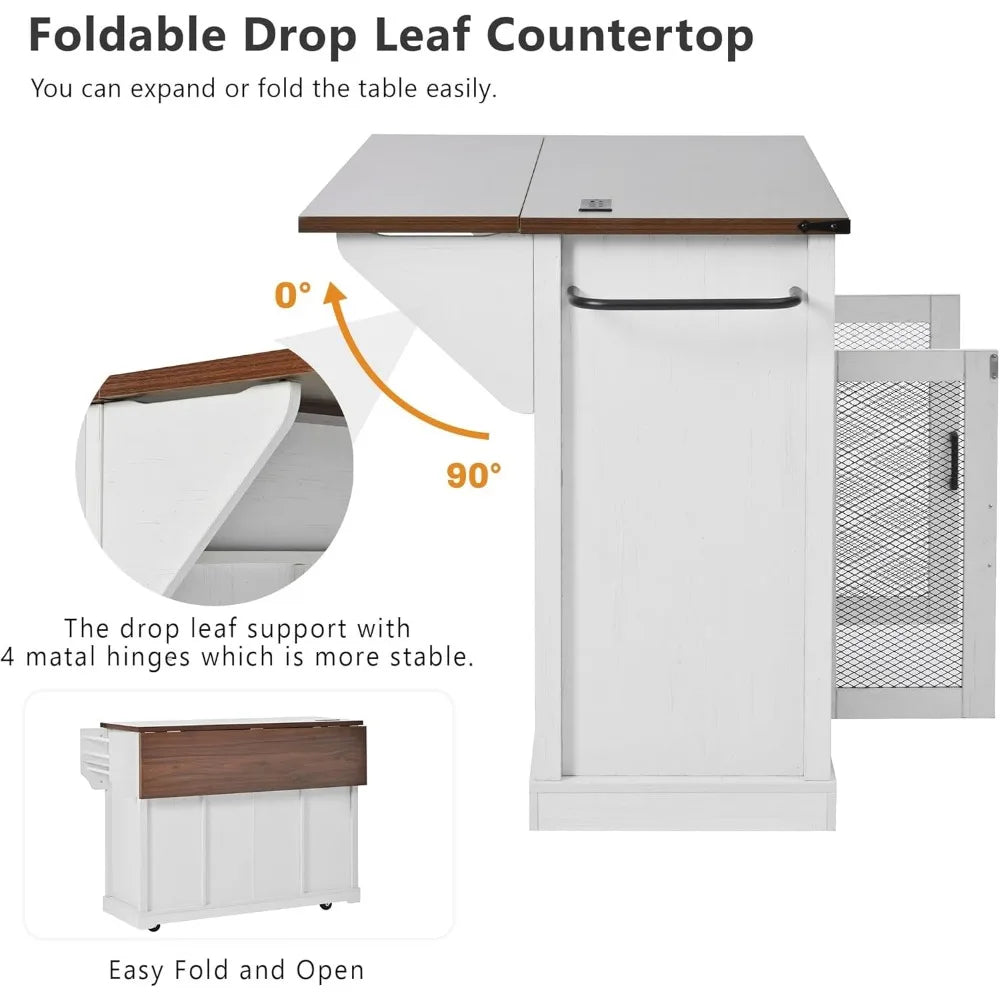 Farmhouse Kitchen Island Cart On Wheels Drop Leaf Power Outlet