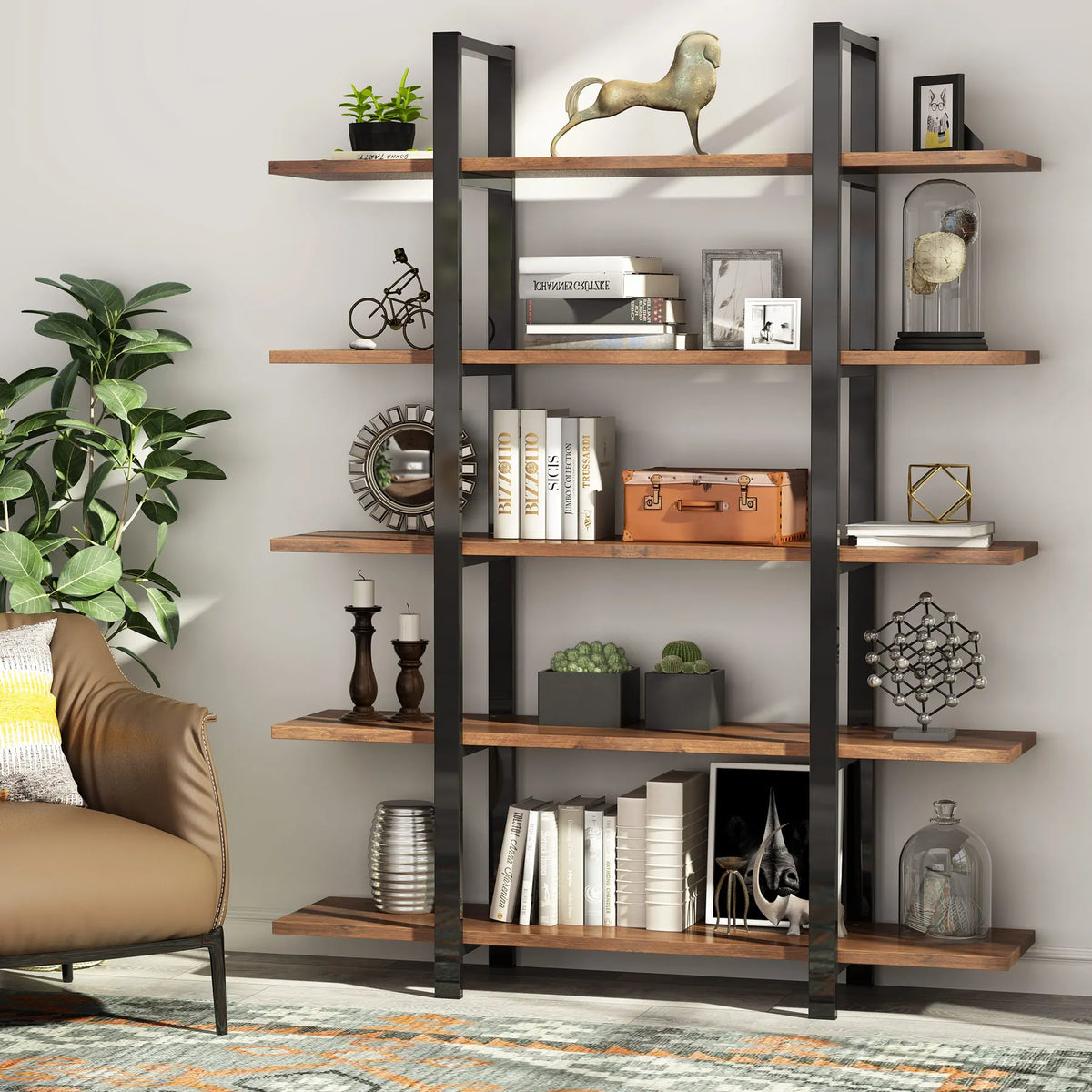 Tribesigns Industrial Bookshelf, Tall Bookcase with Open Shelves, Wood and Metal Display Shelf Storage Shelves