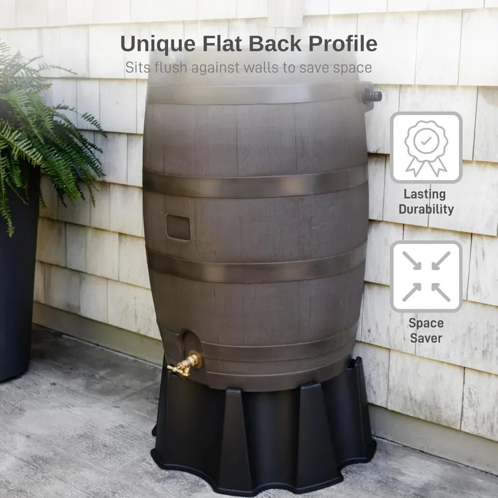 Rain Barrel With Brass Spigot And Flat Back Design