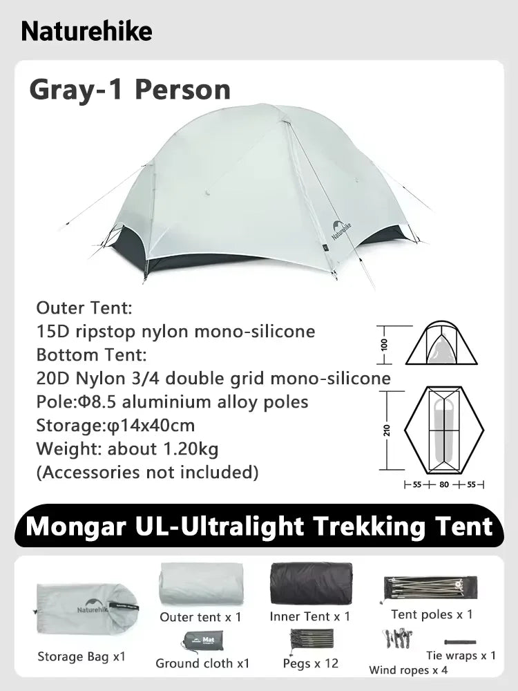 Naturehike Mongar UL Ultralight 2 Person Backpacking Tent 15D Nylon