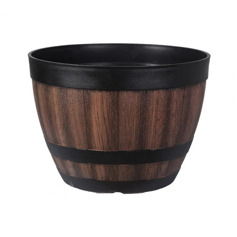 Rustic Farmhouse Whiskey Barrel Planter Faux Wooden Plastic Flower Pot