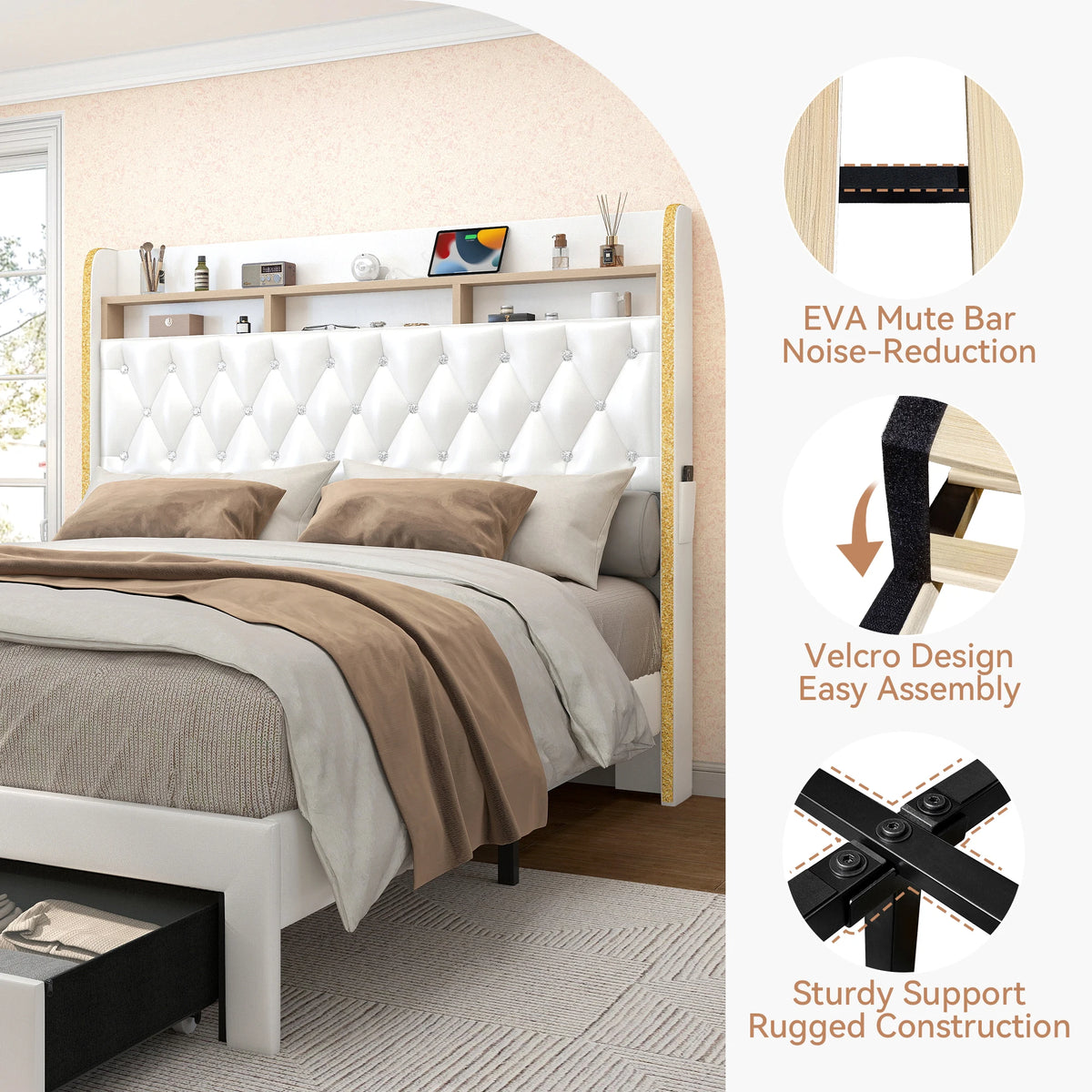 LED Bed Frame with Storage Drawers, Star Projector, Charging Station & Speaker, PU Leather/Velvet Platform, Noise-Free