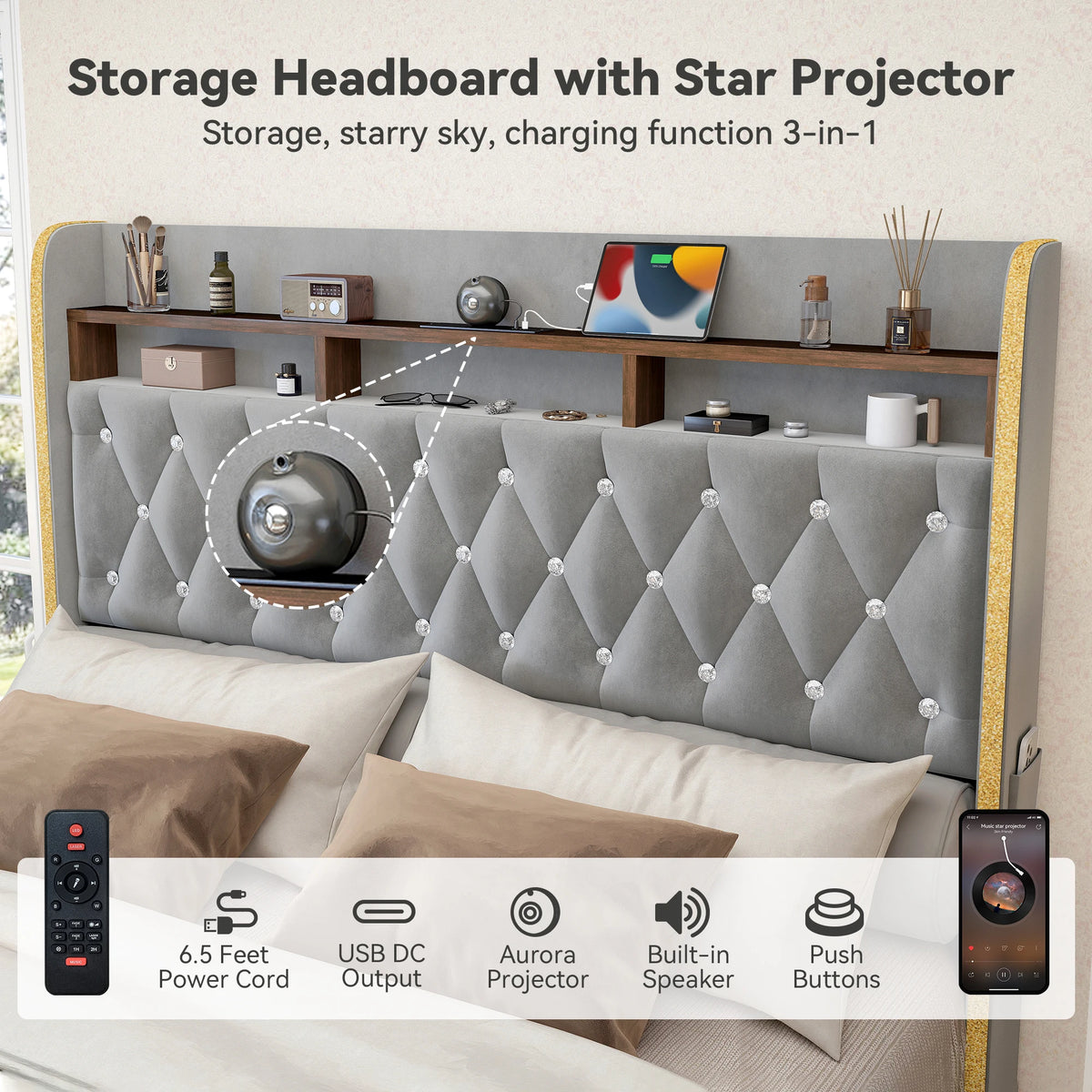 LED Bed Frame with Storage Drawers, Star Projector, Charging Station & Speaker, PU Leather/Velvet Platform, Noise-Free