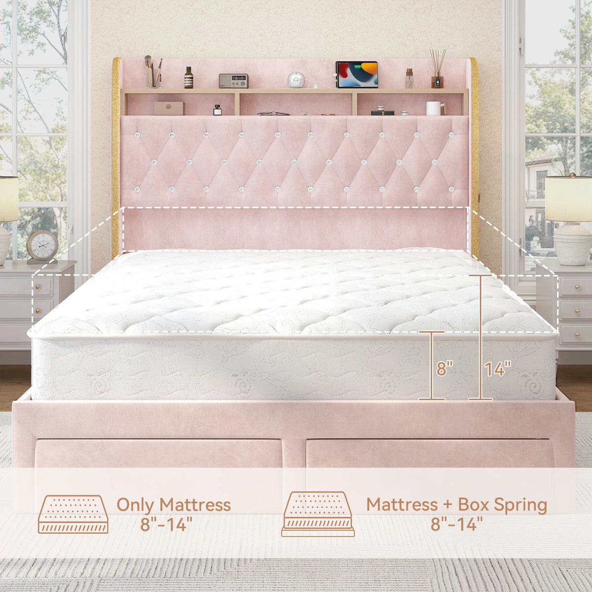 LED Bed Frame with Storage Drawers, Star Projector, Charging Station & Speaker, PU Leather/Velvet Platform, Noise-Free