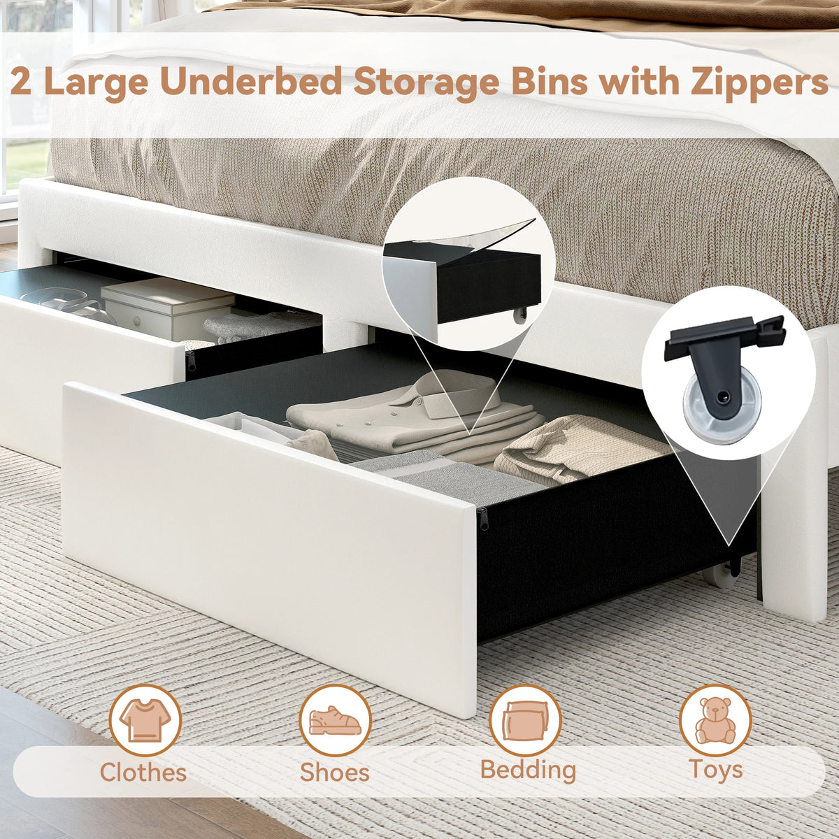 LED Bed Frame with Storage Drawers, Star Projector, Charging Station & Speaker, PU Leather/Velvet Platform, Noise-Free