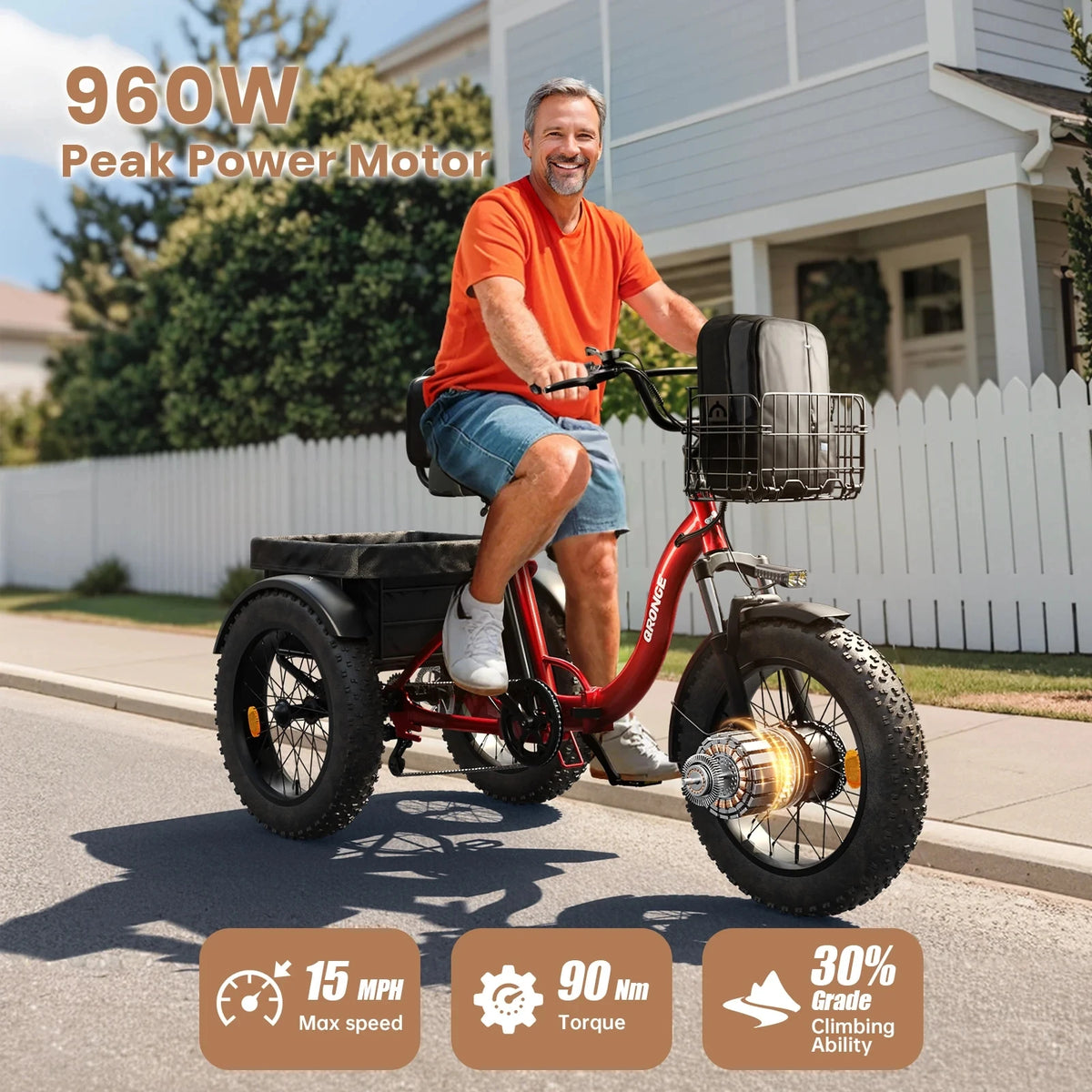 Qronge Electric Folding Tricycle 960W Fat Tire Trike
