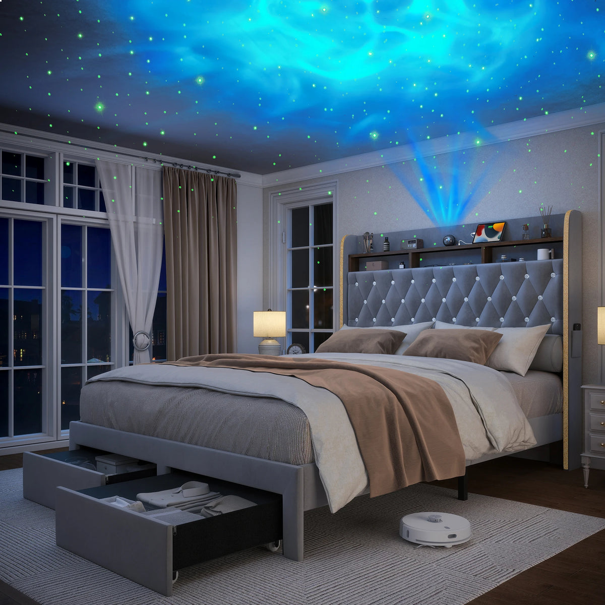 LED Bed Frame with Storage Drawers, Star Projector, Charging Station & Speaker, PU Leather/Velvet Platform, Noise-Free