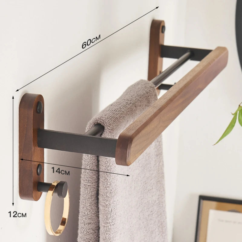Walnut Wall Mounted Towel Rack And Bath Storage Organizer