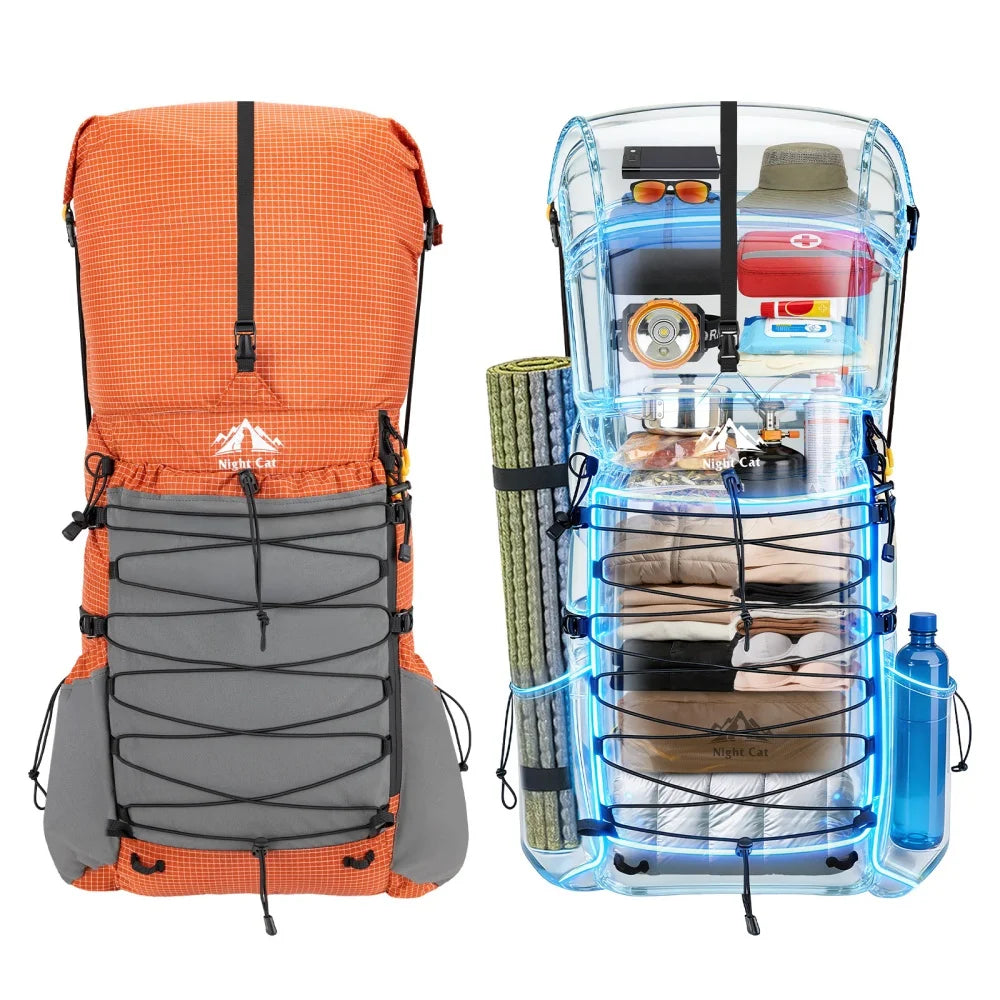 Night Cat Internal Frame Hiking Backpack Roll Top Rain Cover
