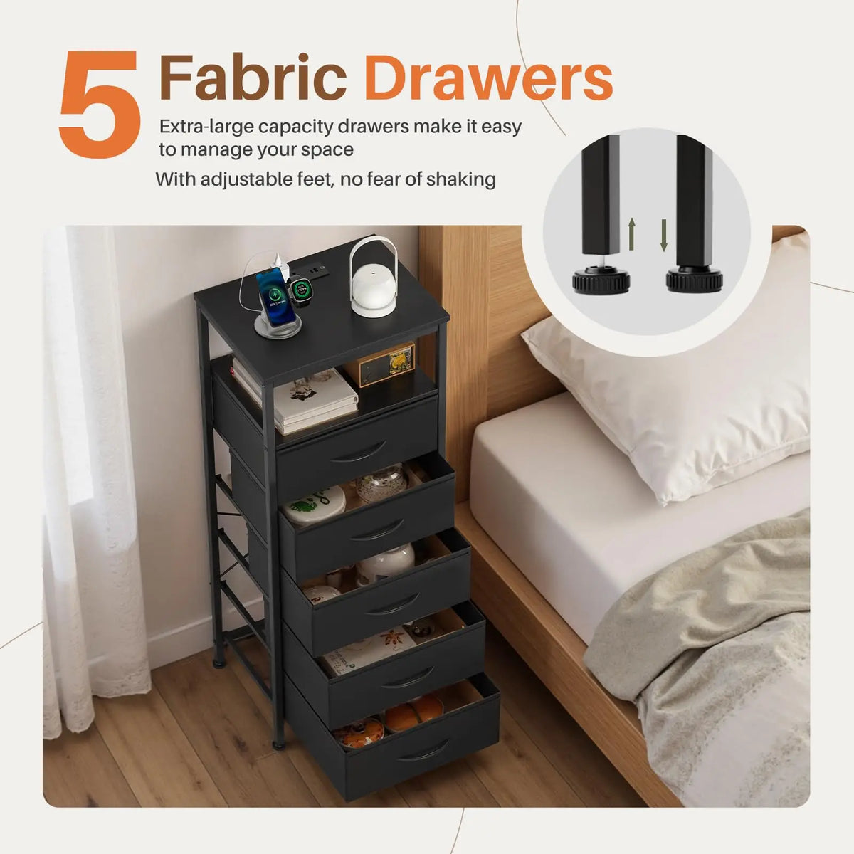 JHK 5 Fabric Drawers Dresser Nightstand With Charging Station Outlet