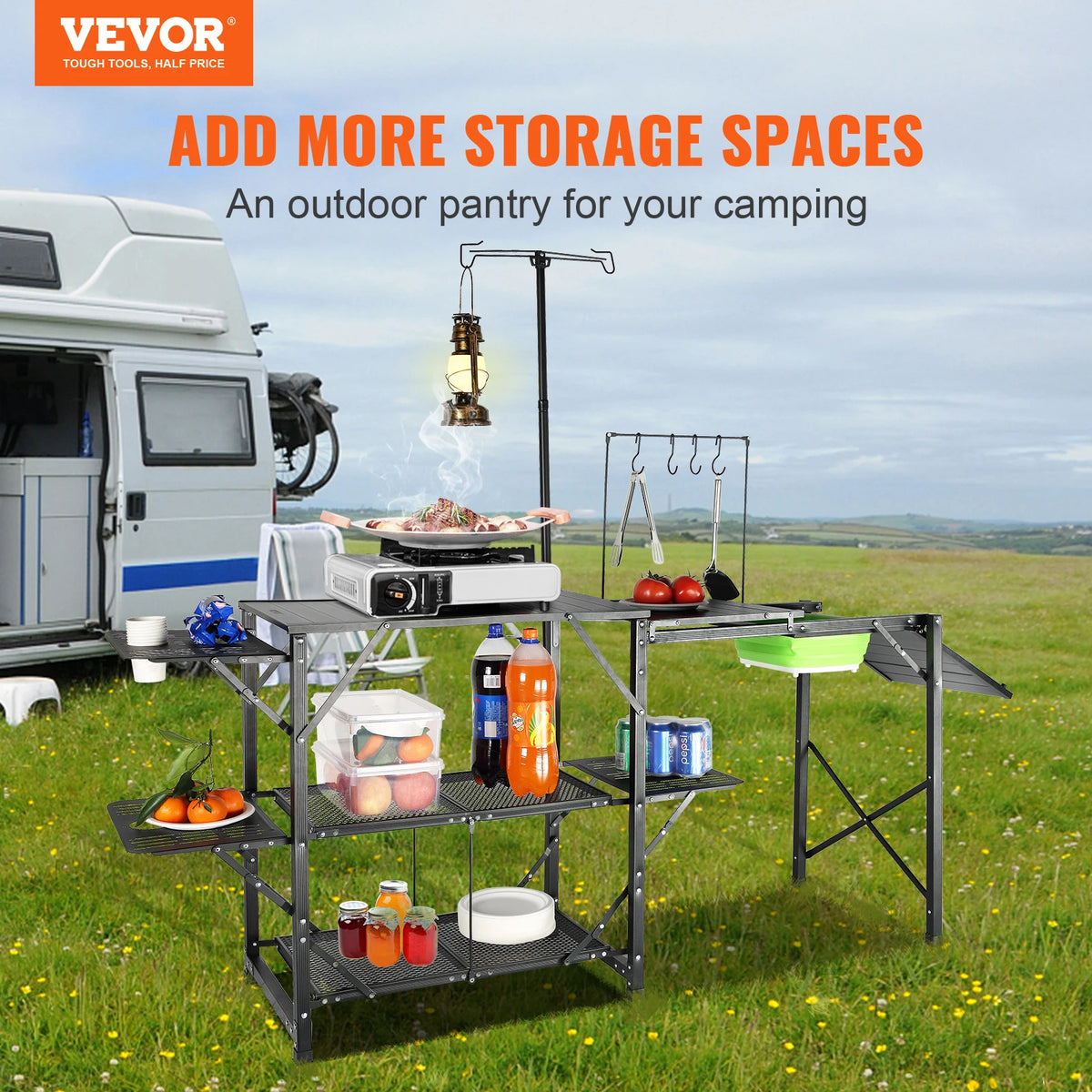 SucceBuy Camping Kitchen Table with Sink, Aluminum Folding Portable Outdoor Cook Station, for Picnic BBQ Beach Traveling