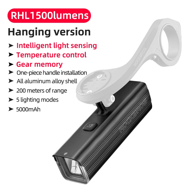 Rockbros 1500LM Aluminum Alloy Rechargeable Bicycle Front LED Headlight
