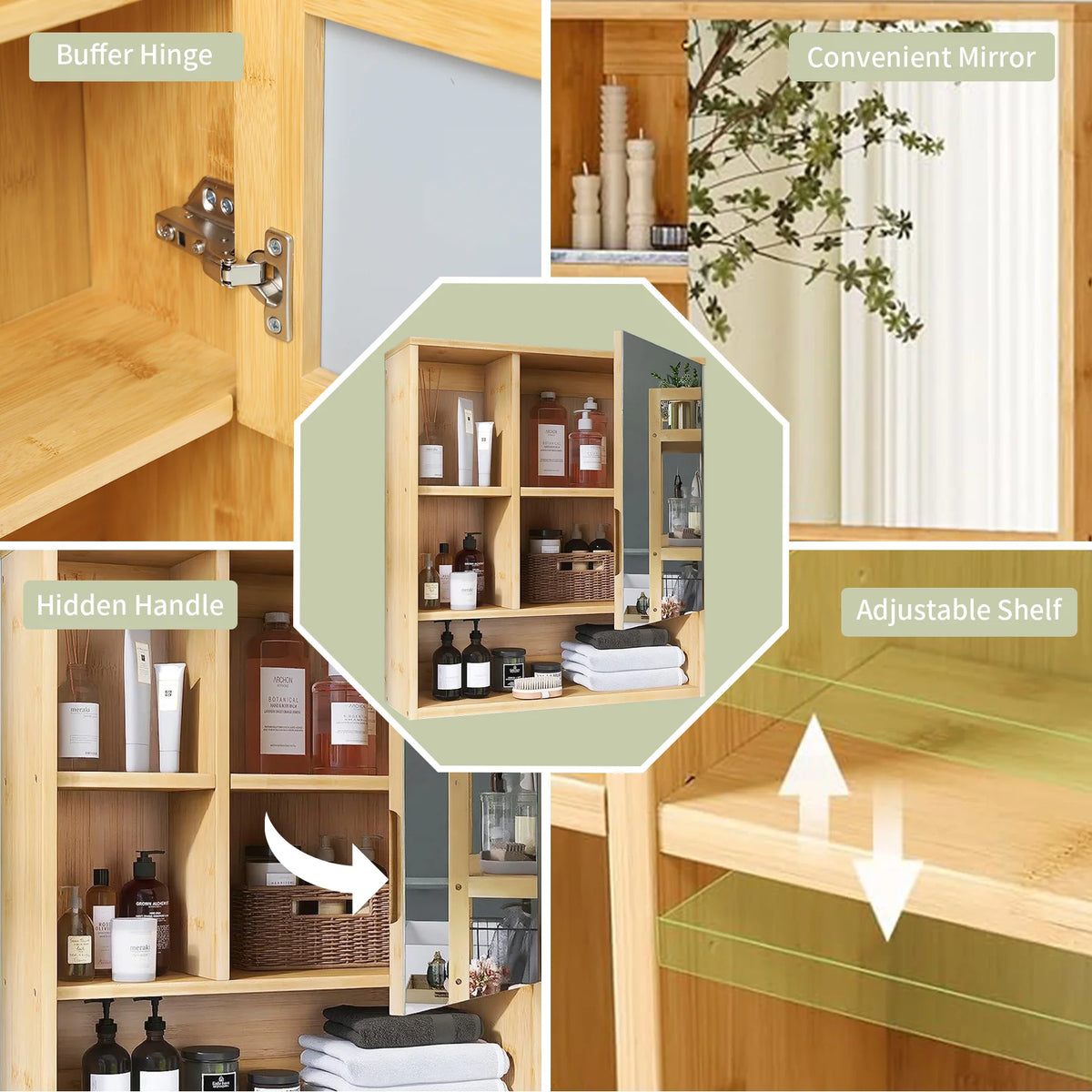 Wall Medicine Cabinet Cupboard Natural Bamboo Bathroom Vanity Mirror 5 Open Storage Shelf