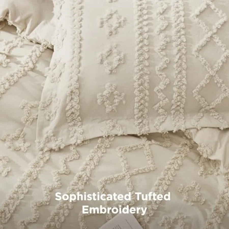 Boho Tufted Comforter Duvet Cover Set 3 Piece Farmhouse Bedding