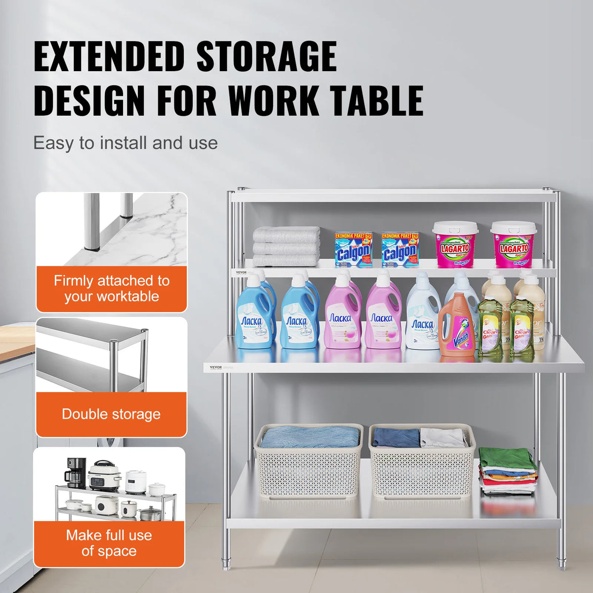 SucceBuy Stainless Steel kitchen worktable Overshelf with Height Adjustable Overshelf Prep Work Table for Kitchen Restaurant