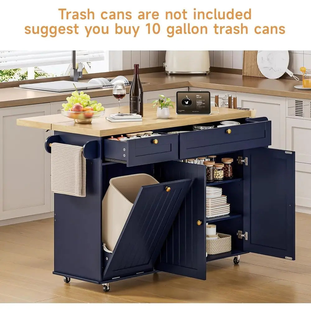 60" Kitchen Island with Power Outlet & Drop Lea, Mobile Storage Island with Spice Rack & Towel Rack, 4 Levels, BlueWedding Tent