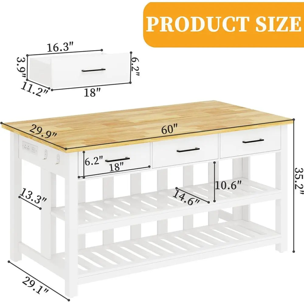 60" Solid Rubberwood Kitchen Island with Power Outlets - Extra Large Work Surace, 3 Ders & 2 Open Shelves Storage Cabinet or Kit
