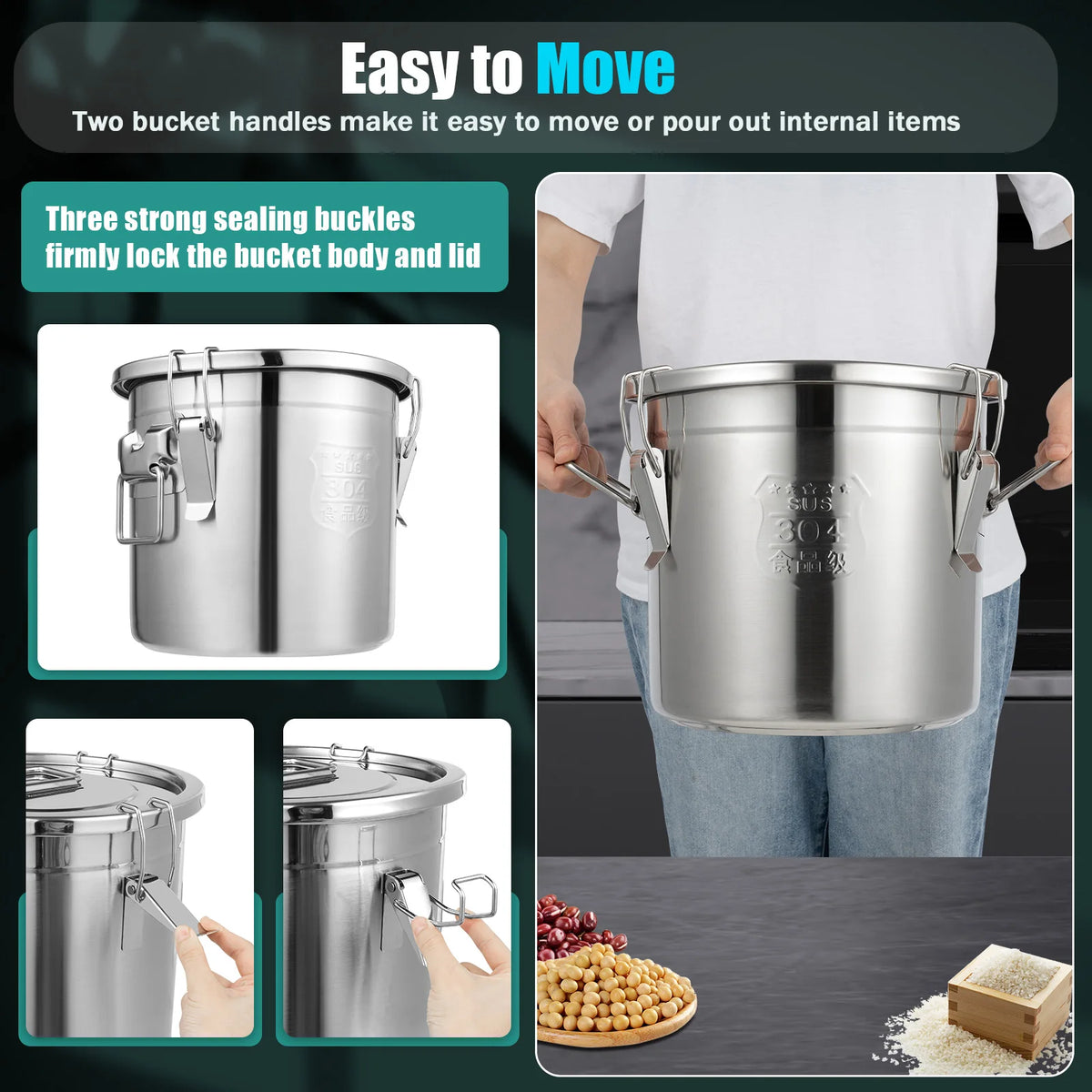 Food Grade Stainless Steel Storage Bucket With Lids Locking Clamps