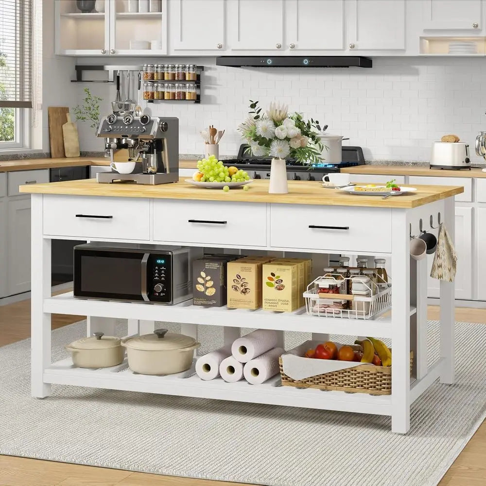 60" Solid Rubberwood Kitchen Island with Power Outlets - Extra Large Work Surace, 3 Ders & 2 Open Shelves Storage Cabinet or Kit