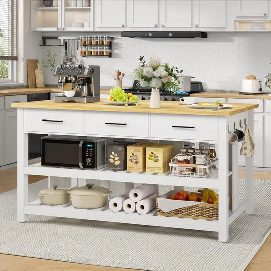 60" Solid Rubberwood Kitchen Island with Power Outlets - Extra Large Work Surace, 3 Ders & 2 Open Shelves Storage Cabinet or Kit
