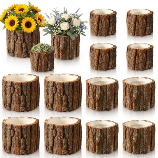 Wooden Vase Centerpiece Set Rustic Farmhouse Bark Stump Buckets