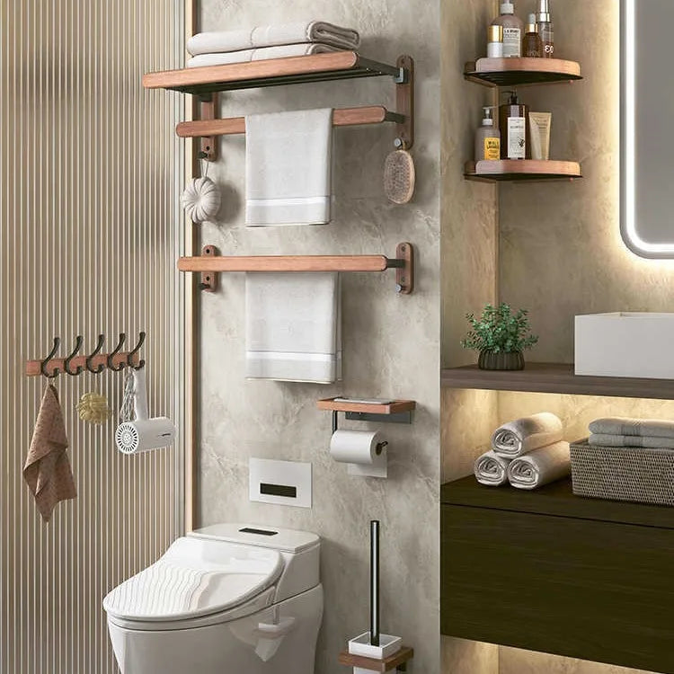 Walnut Wall Mounted Towel Rack And Bath Storage Organizer