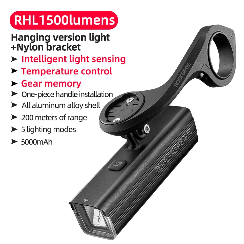 Rockbros 1500LM Aluminum Alloy Rechargeable Bicycle Front LED Headlight