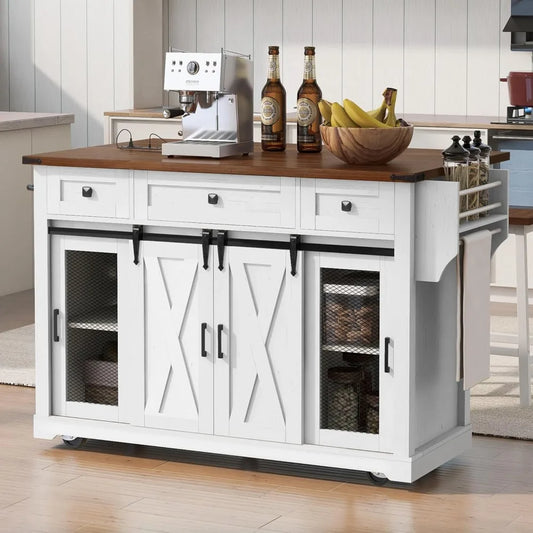 Farmhouse Kitchen Island Cart On Wheels Drop Leaf Power Outlet