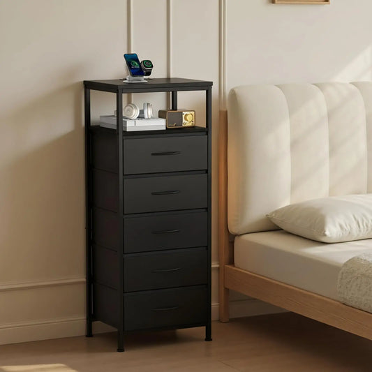 JHK 5 Fabric Drawers Dresser Nightstand With Charging Station Outlet