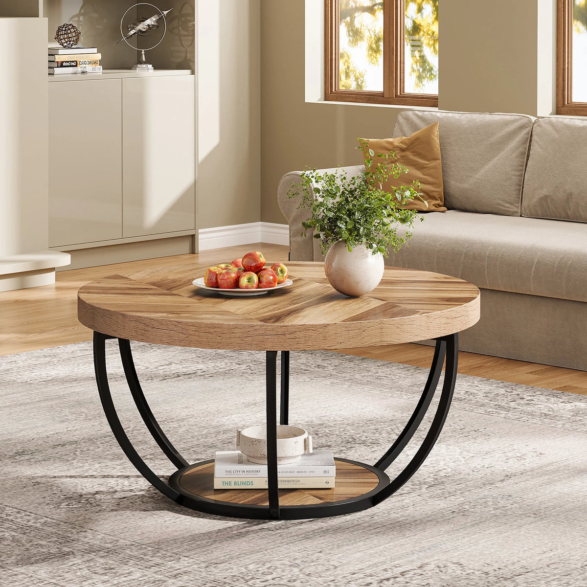 Tribesigns 31.7" Round Coffee Table, Industrial 2-Tier Circle Coffee Table with Storage Shelves, Modern Wooden Accent Center Tab
