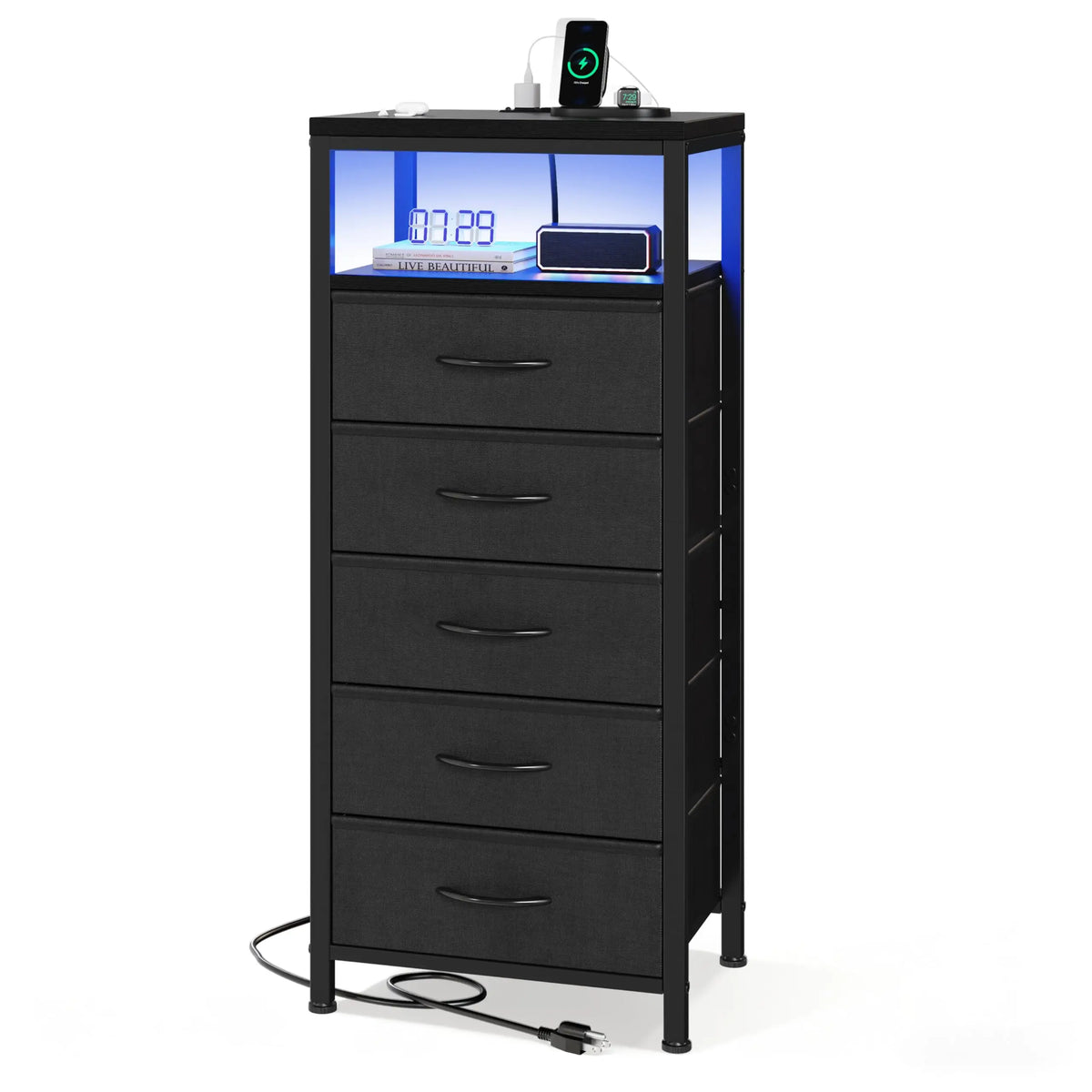 JHK 5 Fabric Drawers Dresser Nightstand With Charging Station Outlet