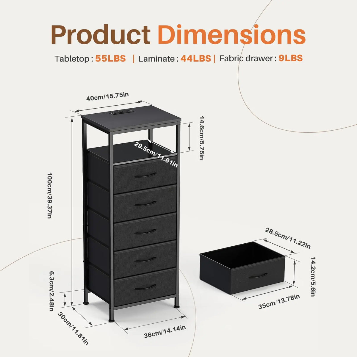 JHK 5 Fabric Drawers Dresser Nightstand With Charging Station Outlet