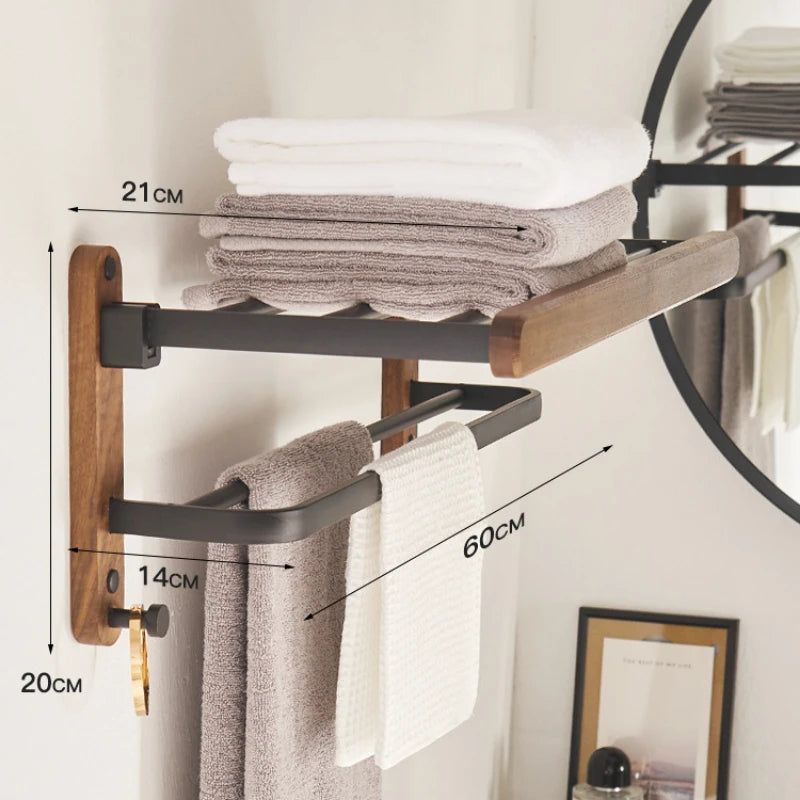 Walnut Wall Mounted Towel Rack And Bath Storage Organizer