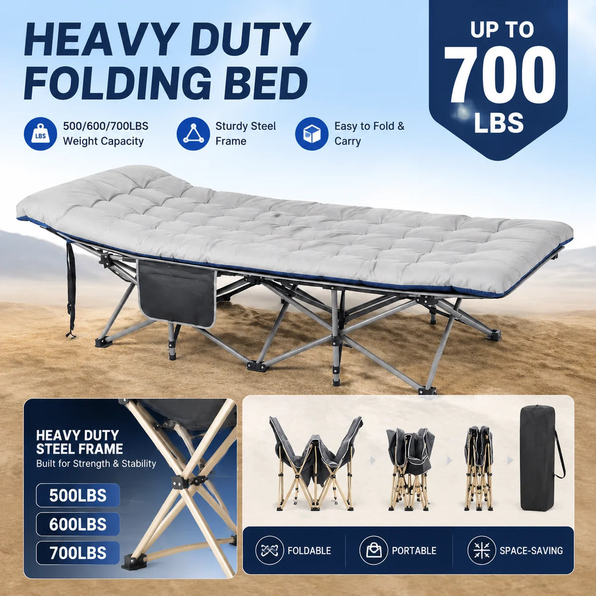 Foldable Cot Bed With Thick Mattress For Camping And Office Use