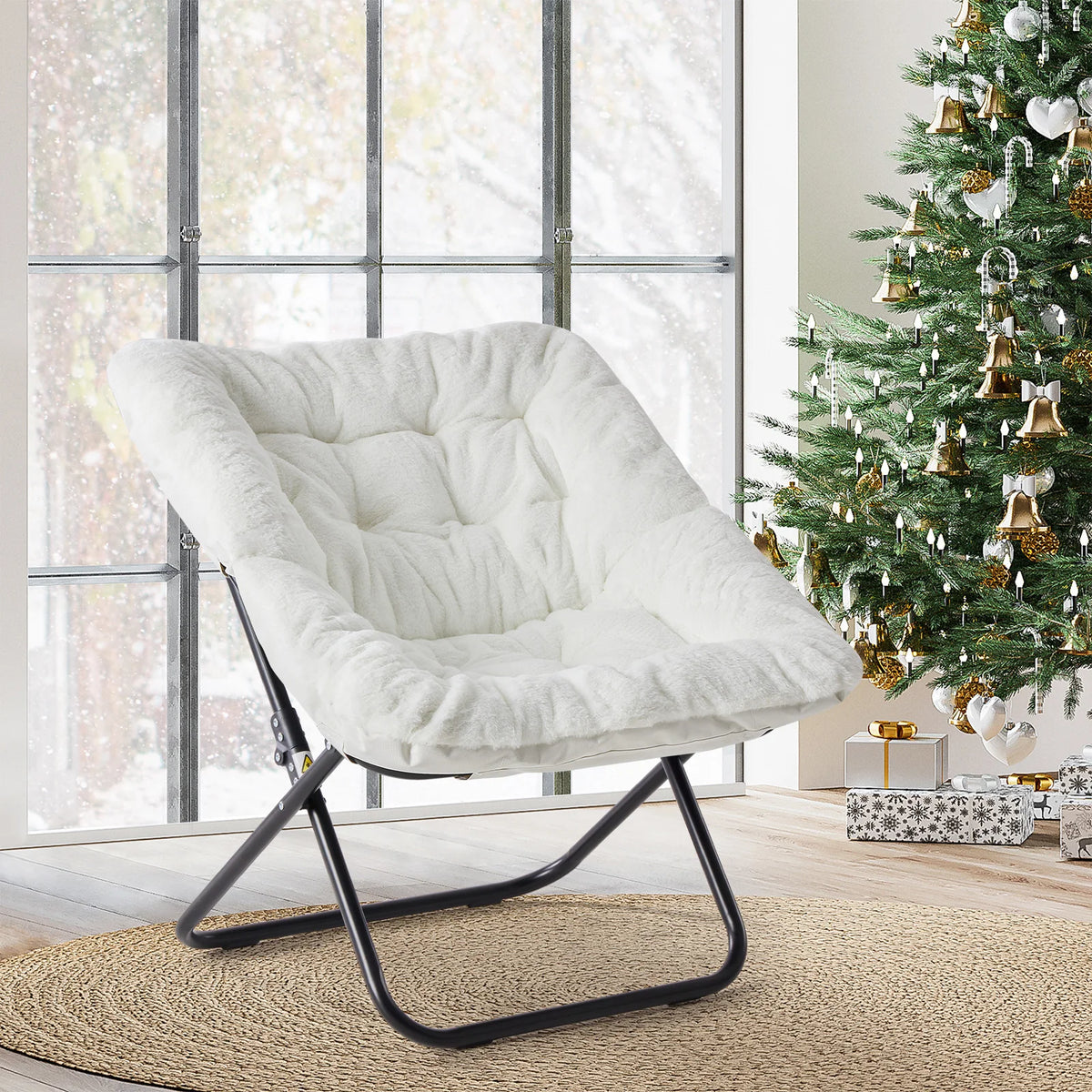 JHK Cozy Saucer Chair With Soft Faux Fur Folding Metal Frame