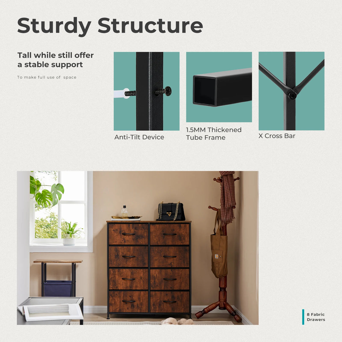 MCQ Fabric 8 Drawer Storage Cabinet Metal Modern Bedroom Nightstand