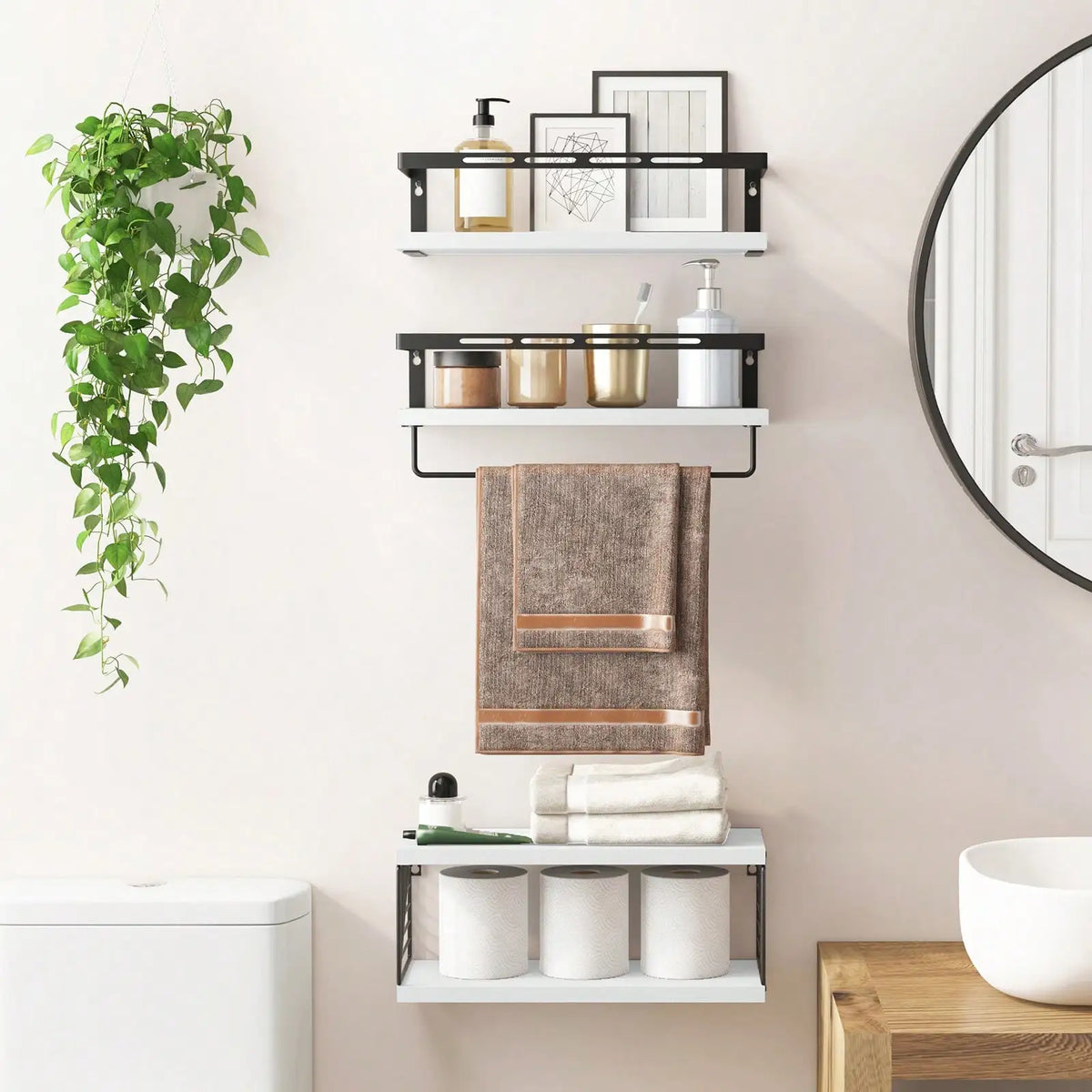 Wall Mounted Bathroom Shelves Over Toilet Rustic Wood With Metal Frame