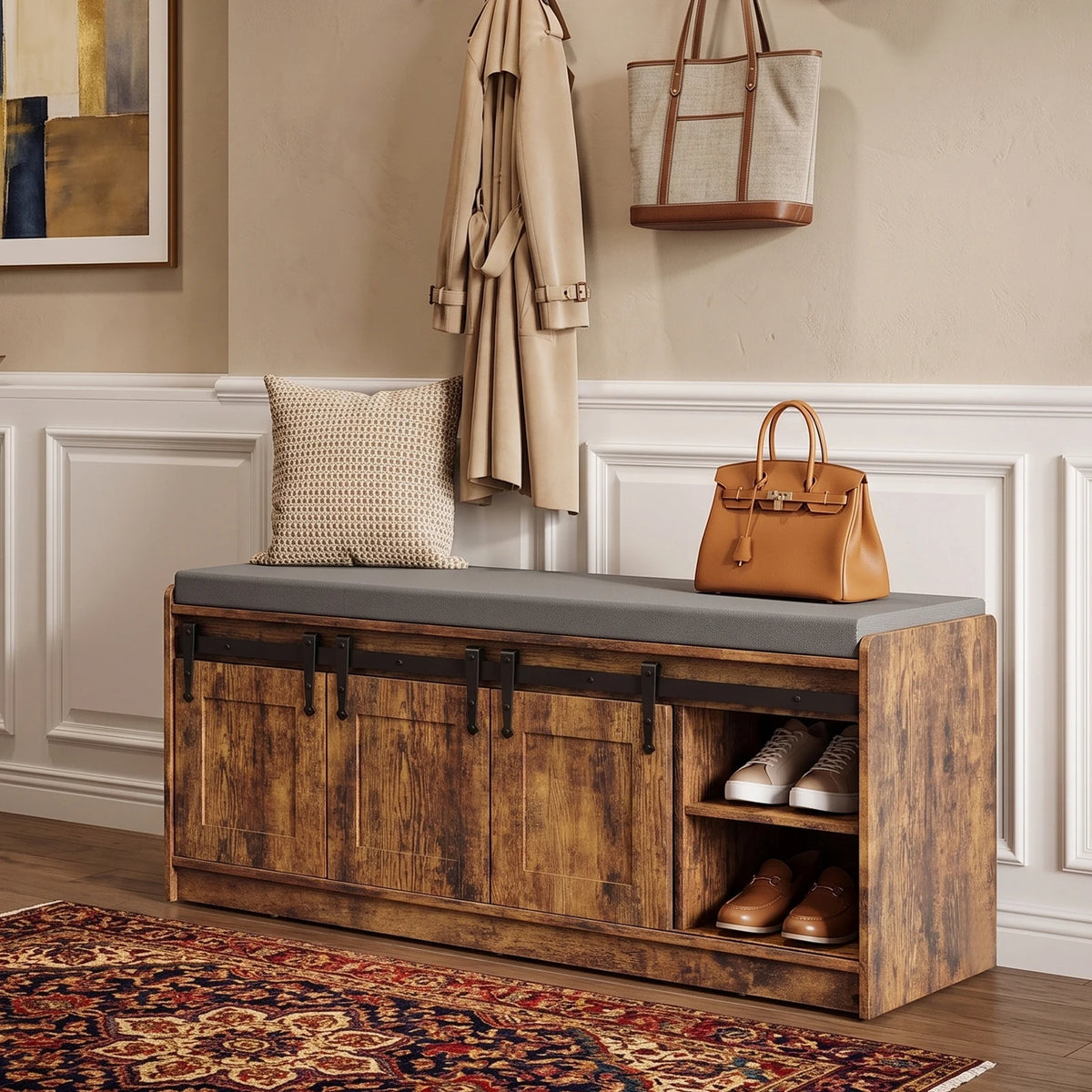 TinyNest Shoe Storage Benches With Linen Seat Cushion, 41.7 inch Farmhouse Entryway Bench, Shoe Rack Cabinet Bench Organizer With Adjustable Shelf & Sliding Door for Entryway, Hallway, Living Room, Bedroom End of Bed, Rustic