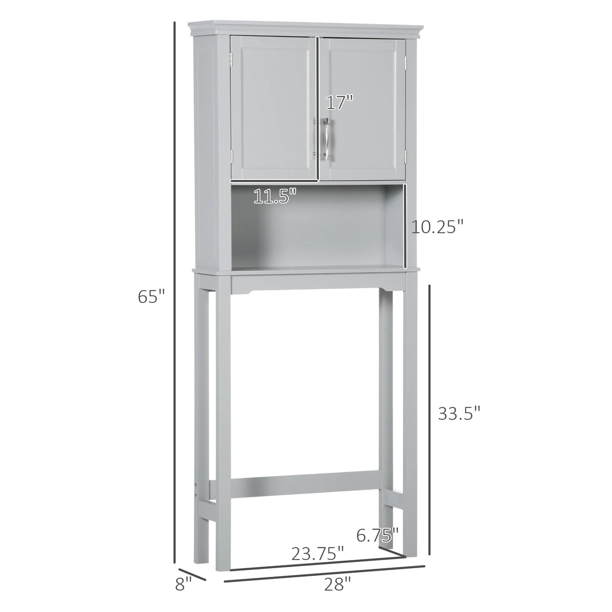 Kleankin Modern over the Toilet Storage Cabinet, Double Door Bathroom Organizer with Inner Adustable Shelf and Open Shelf, Grey