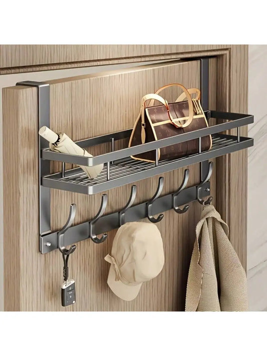 Over the Door Hook Rack With Storage Shelf And Six Hooks