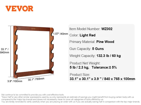 SucceBuy Wood Gun Rack Wall Mount Holds 5 Guns With Soft Padding