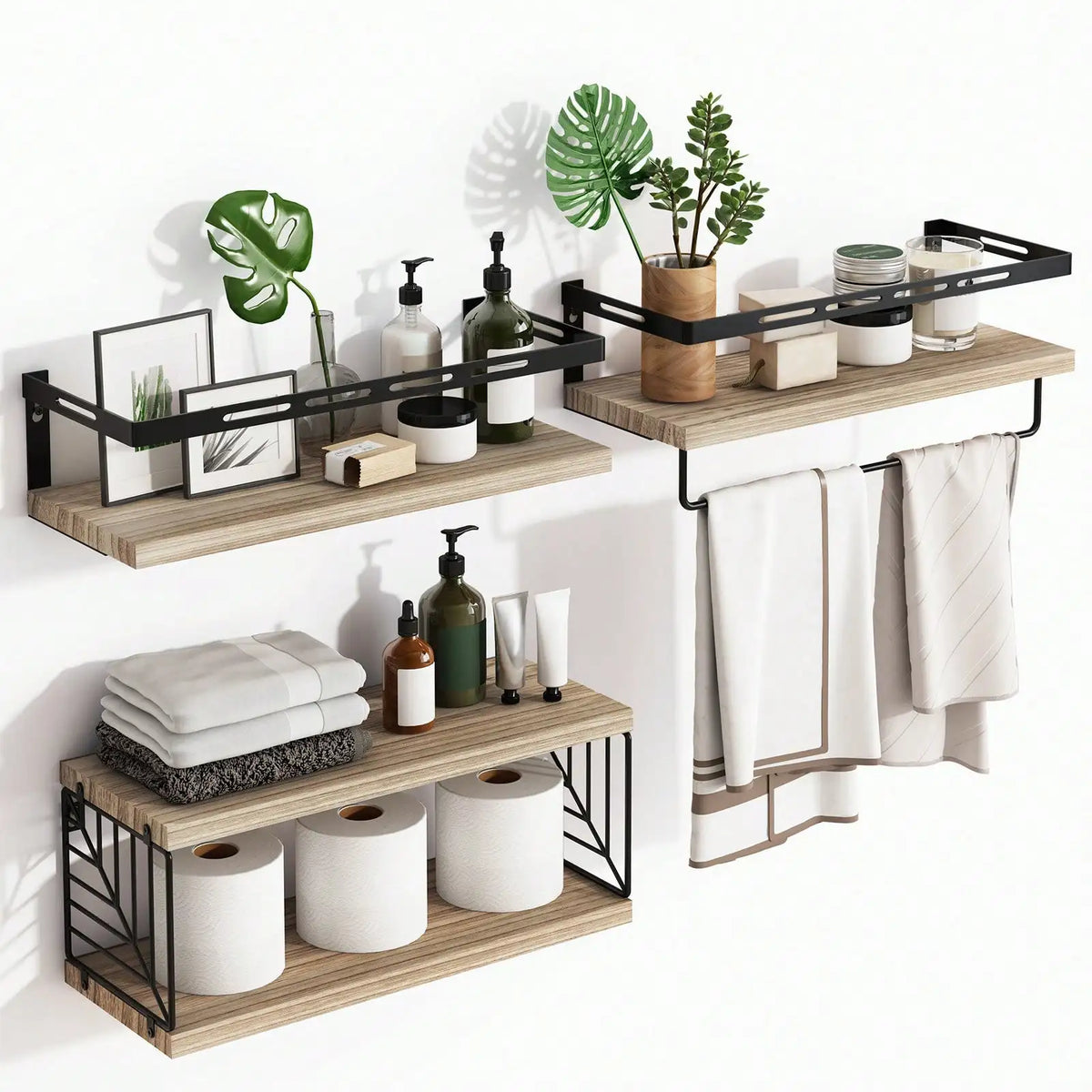 3 Tier Wall Mounted Bathroom Shelves With Towel Bar