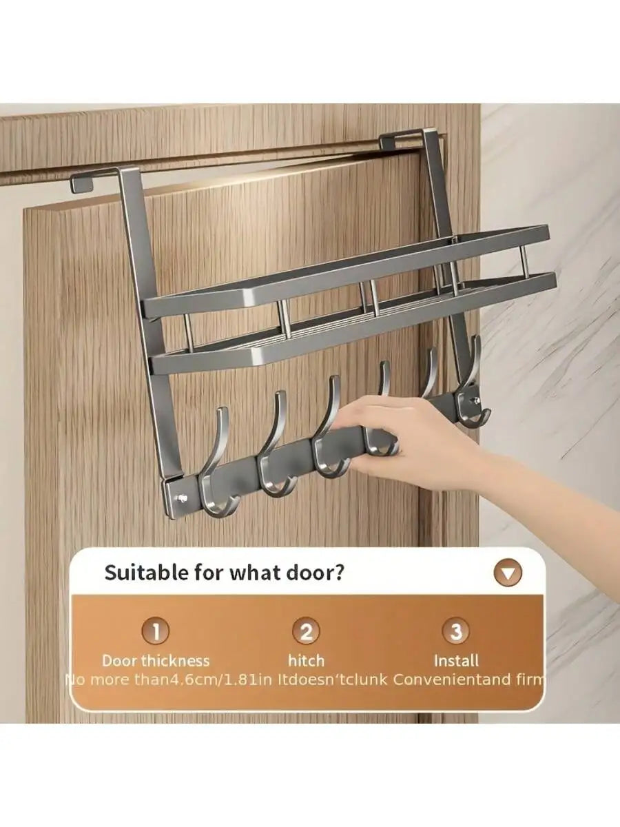 Over the Door Hook Rack With Storage Shelf And Six Hooks