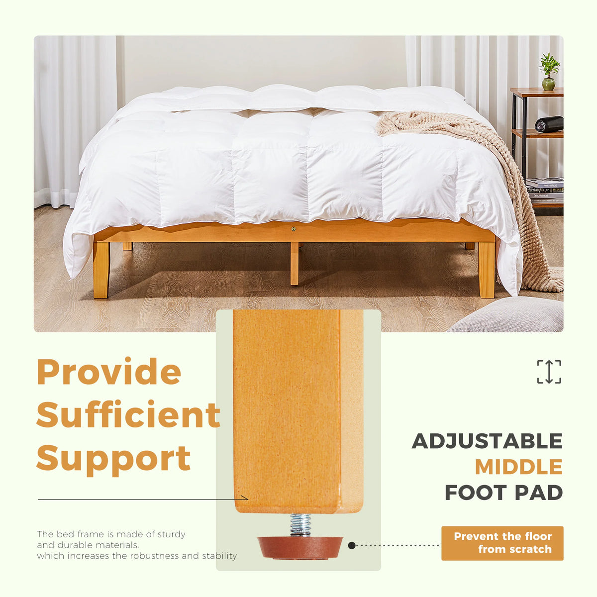 JHK All Size Solid Wood Bed Frame with Sturdy Wood Slat Support No Box Spring Needed Easy Assembly Eco-Friendly For Living Room