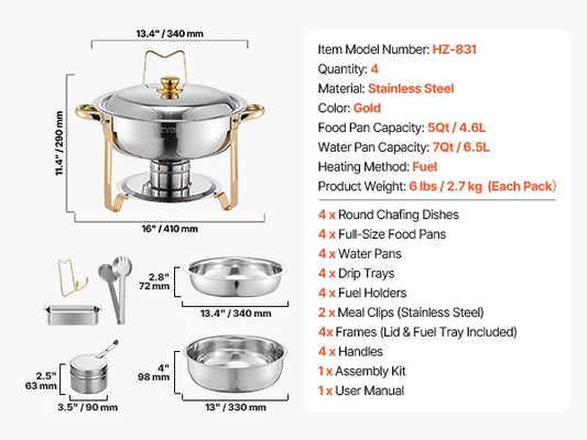 SucceBuy 4 Pack Chafing Dish Buffet Set Stainless Steel Chafer W/4 Full Size Pan Round Catering Warmer Server for Party Banquets