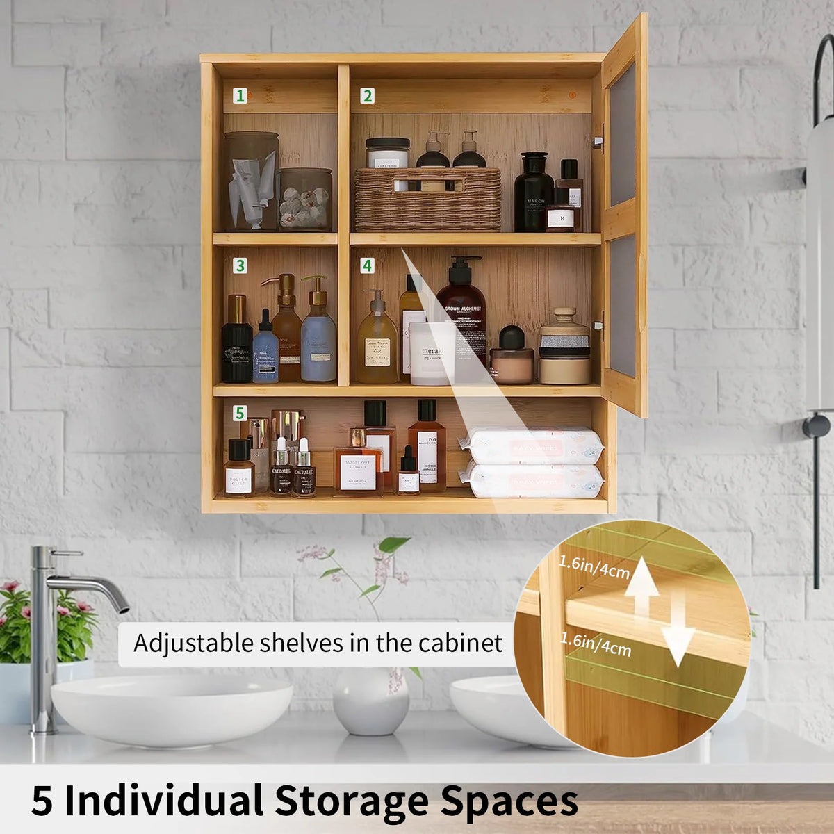 Wall Medicine Cabinet Cupboard Natural Bamboo Bathroom Vanity Mirror 5 Open Storage Shelf