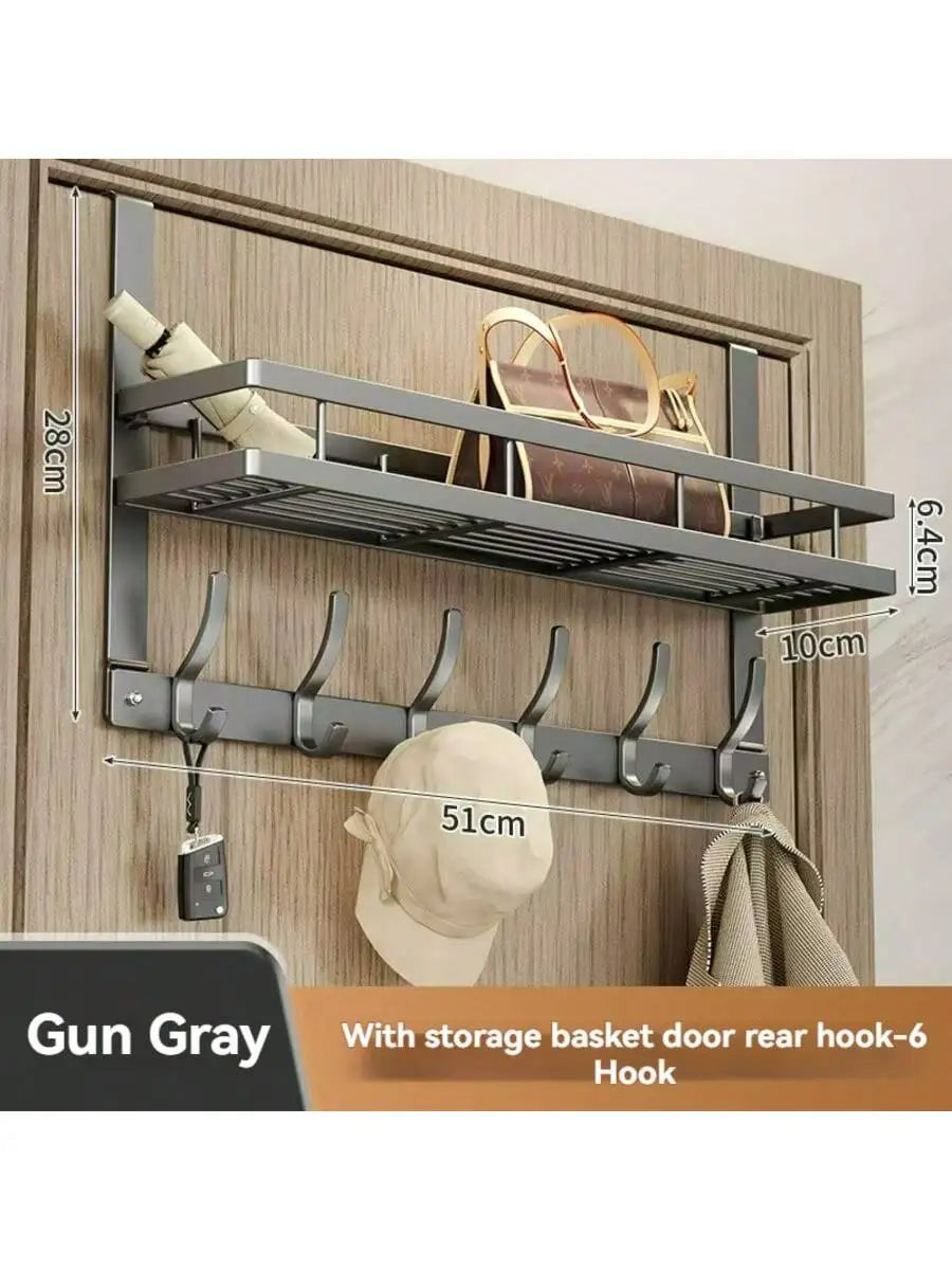 Over the Door Hook Rack With Storage Shelf And Six Hooks