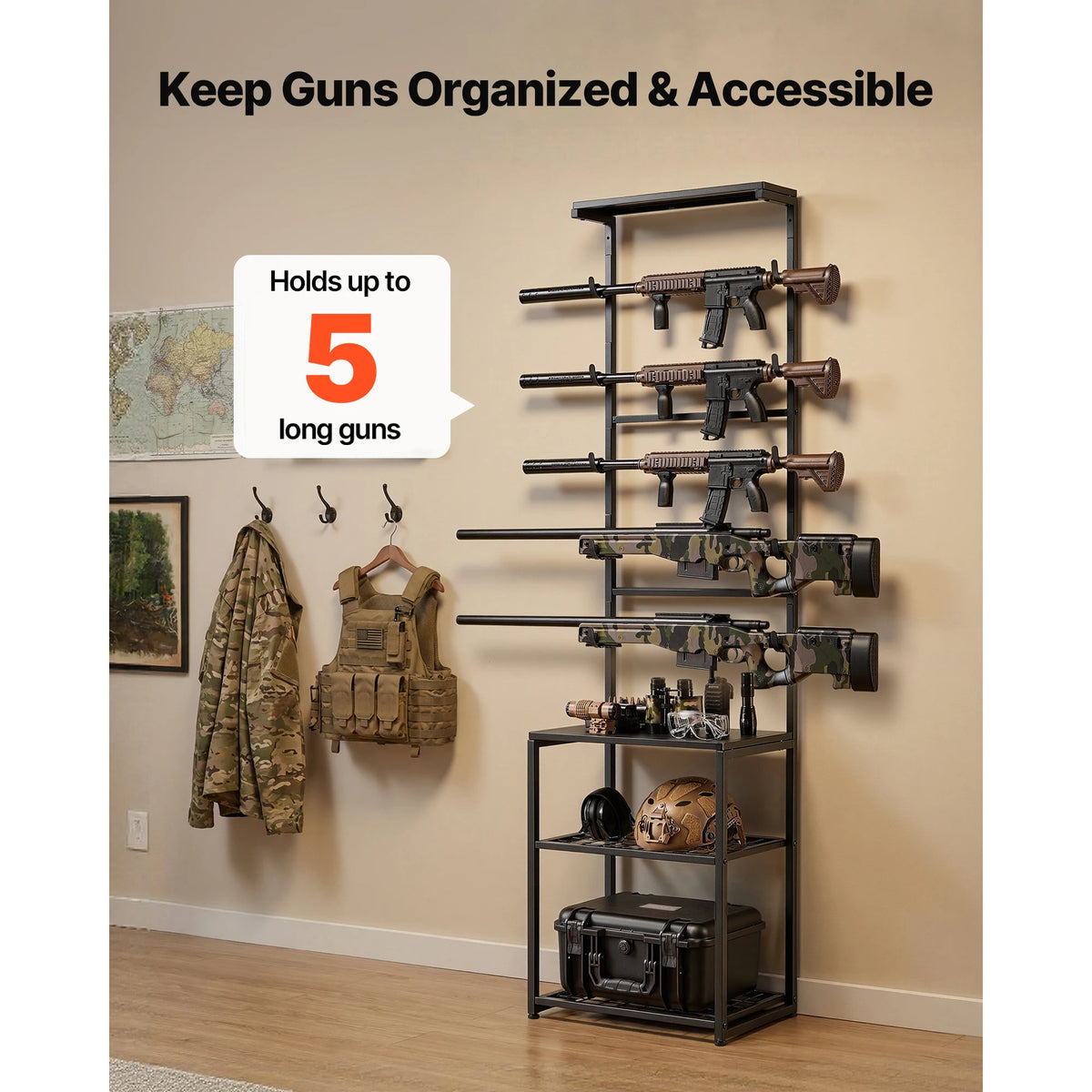 SucceBuy Gun Rack Floor Standing Indoor Rifle Shotgun Rack Stand with Storage Shelf for Wall Mount Gun Display Stand for Garage