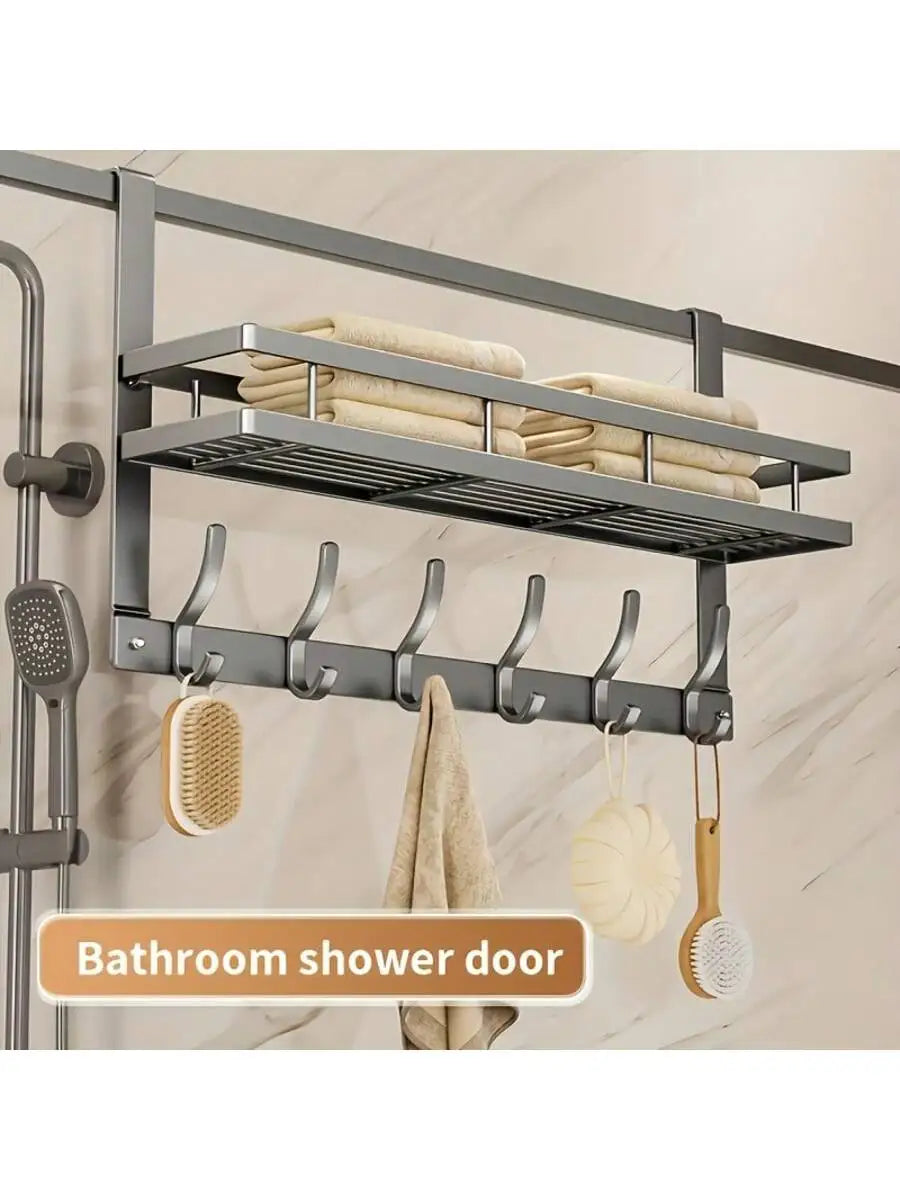 Over the Door Hook Rack With Storage Shelf And Six Hooks